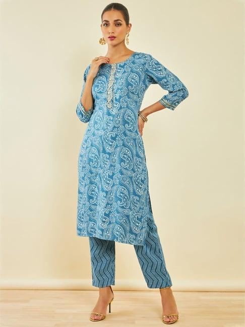 soch blue rayon paisley print round-neck straight kurta set