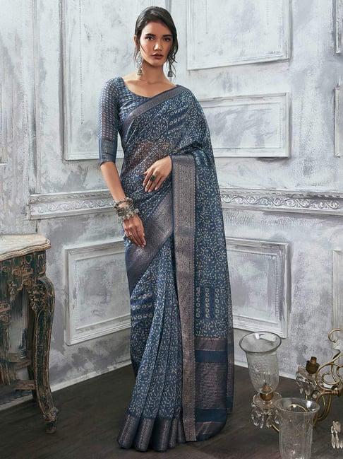 soch blue silk printed saree with unstitched blouse
