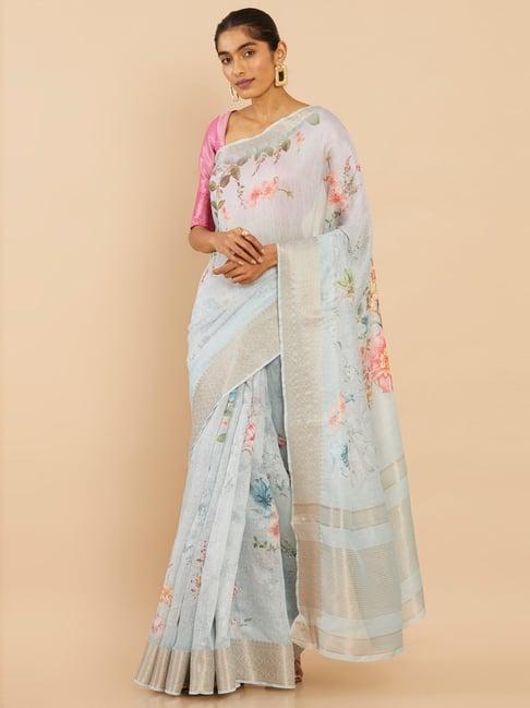 soch blue silk printed saree with unstitched blouse