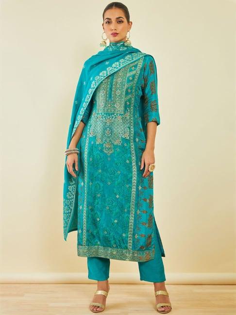soch blue woven pattern kurta pant set with dupatta