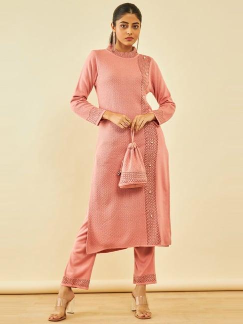 soch blush pink acrylic geometric pattern winter kurta set with potli bag