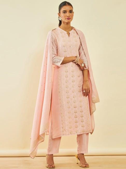 soch blush pink tussar floral sequin embroidered suit set with dupatta