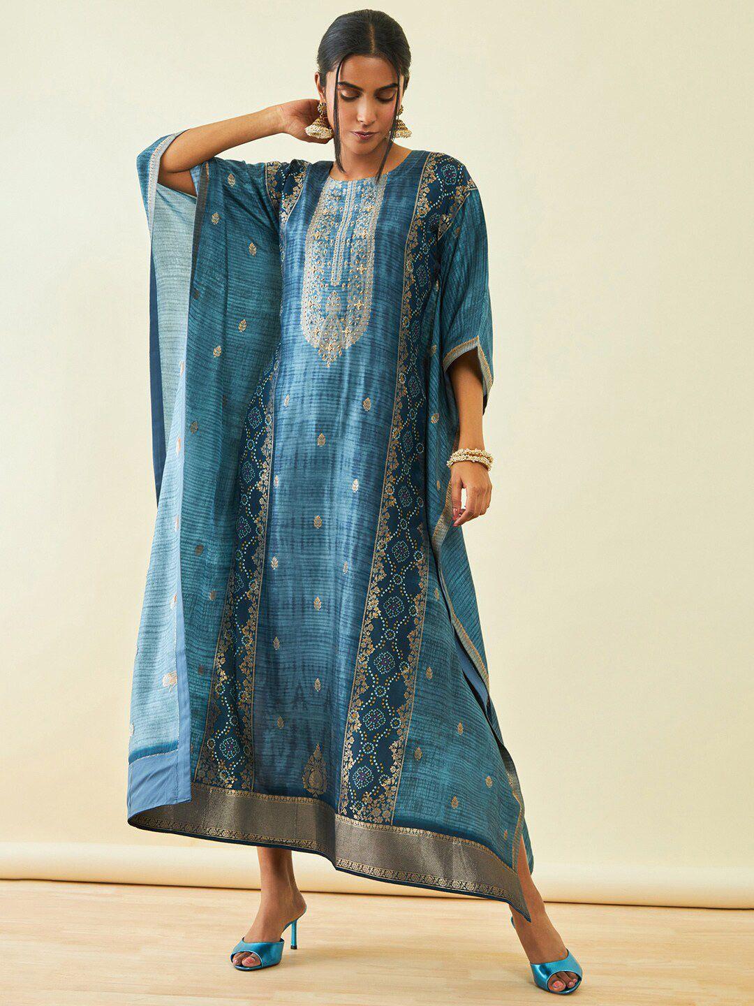 soch brocade bandhani printed with beads & stones kaftan ethnic dress with camisole