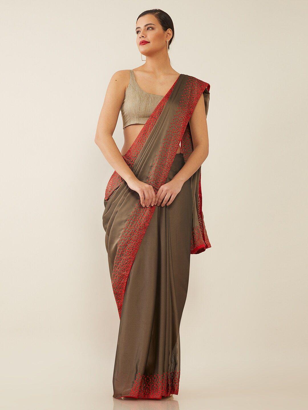 soch bronze-toned & red embroidered saree