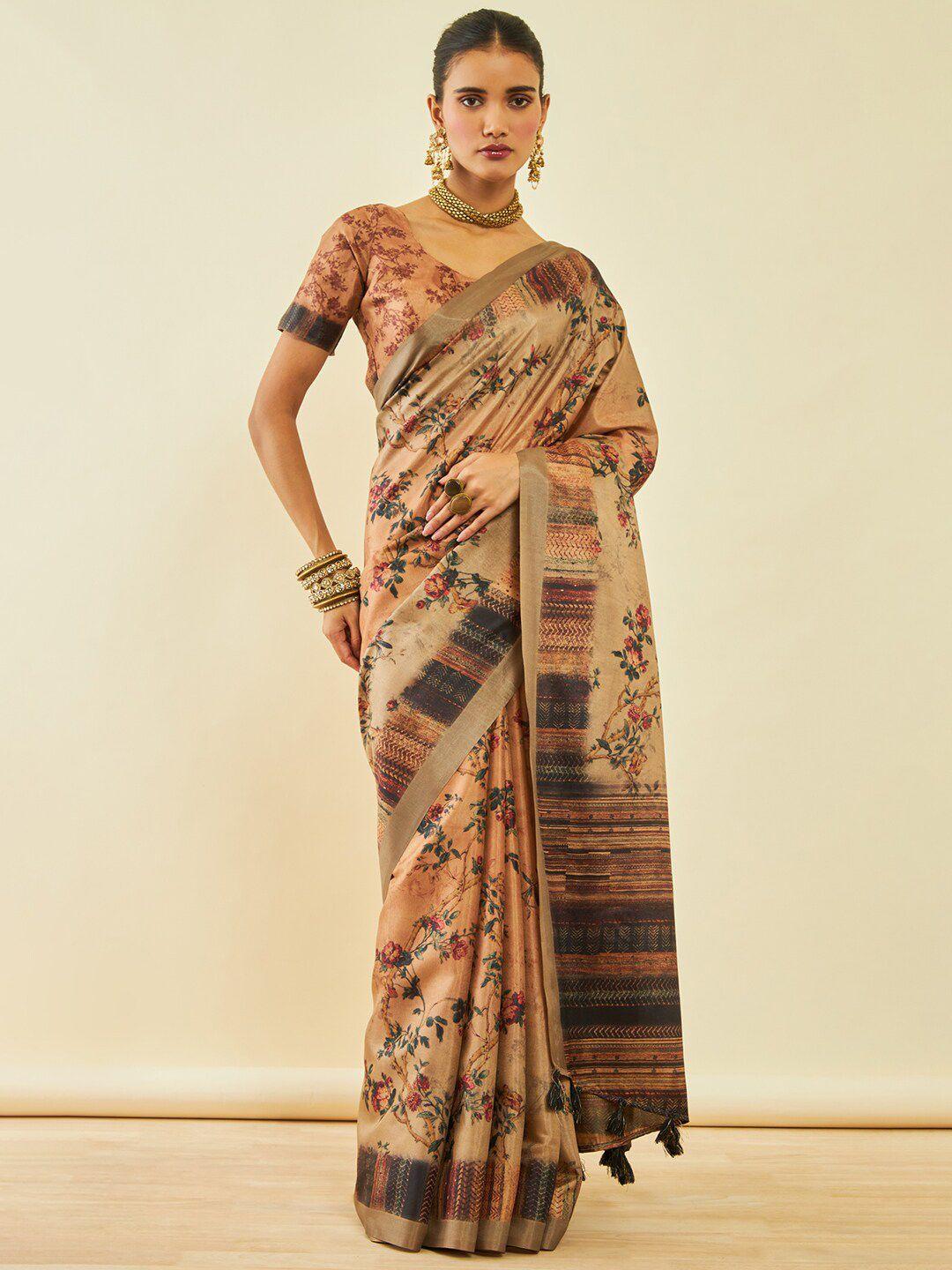 soch brown & green floral art silk saree