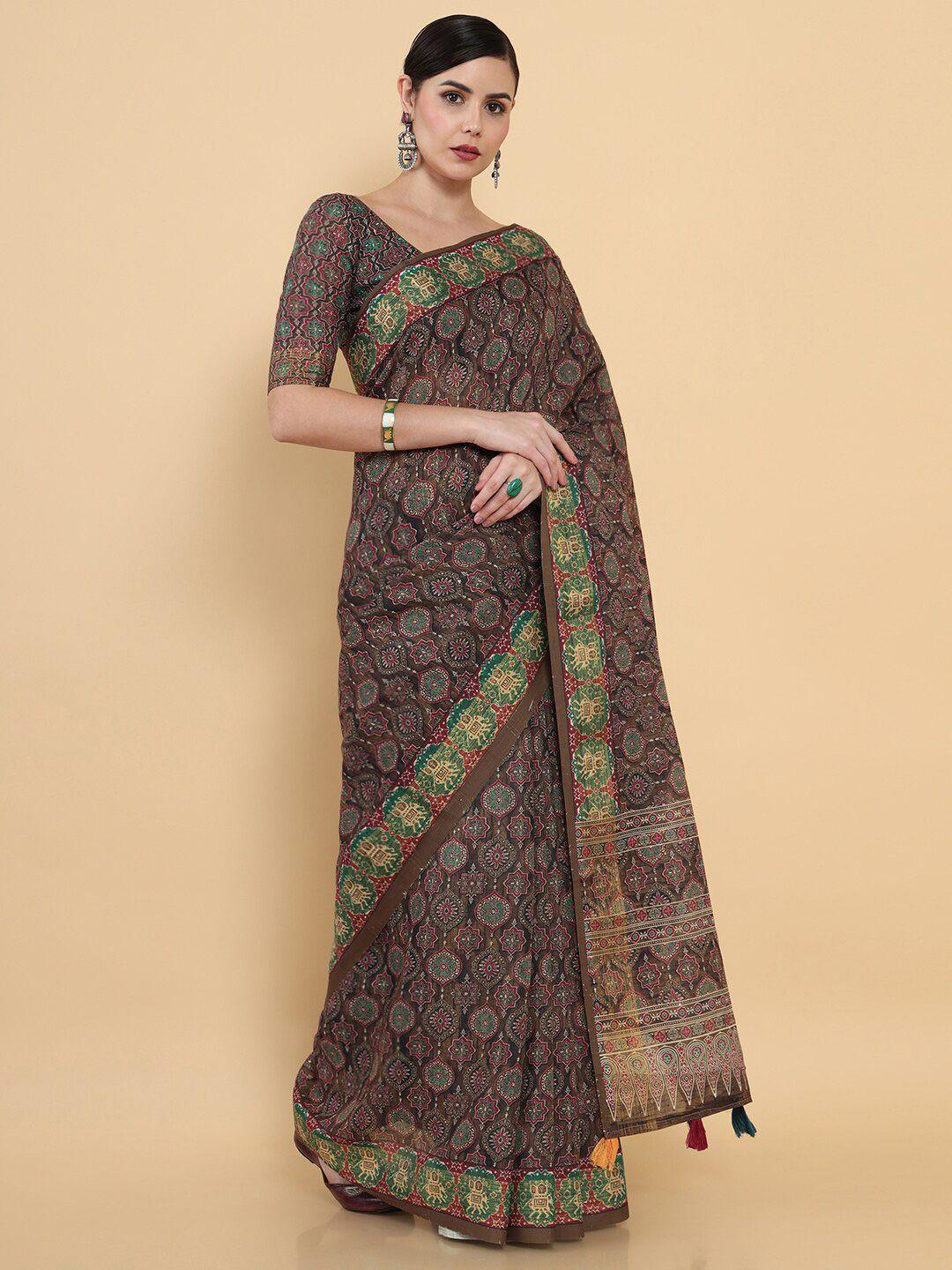 soch brown & green printed ethnic motifs saree