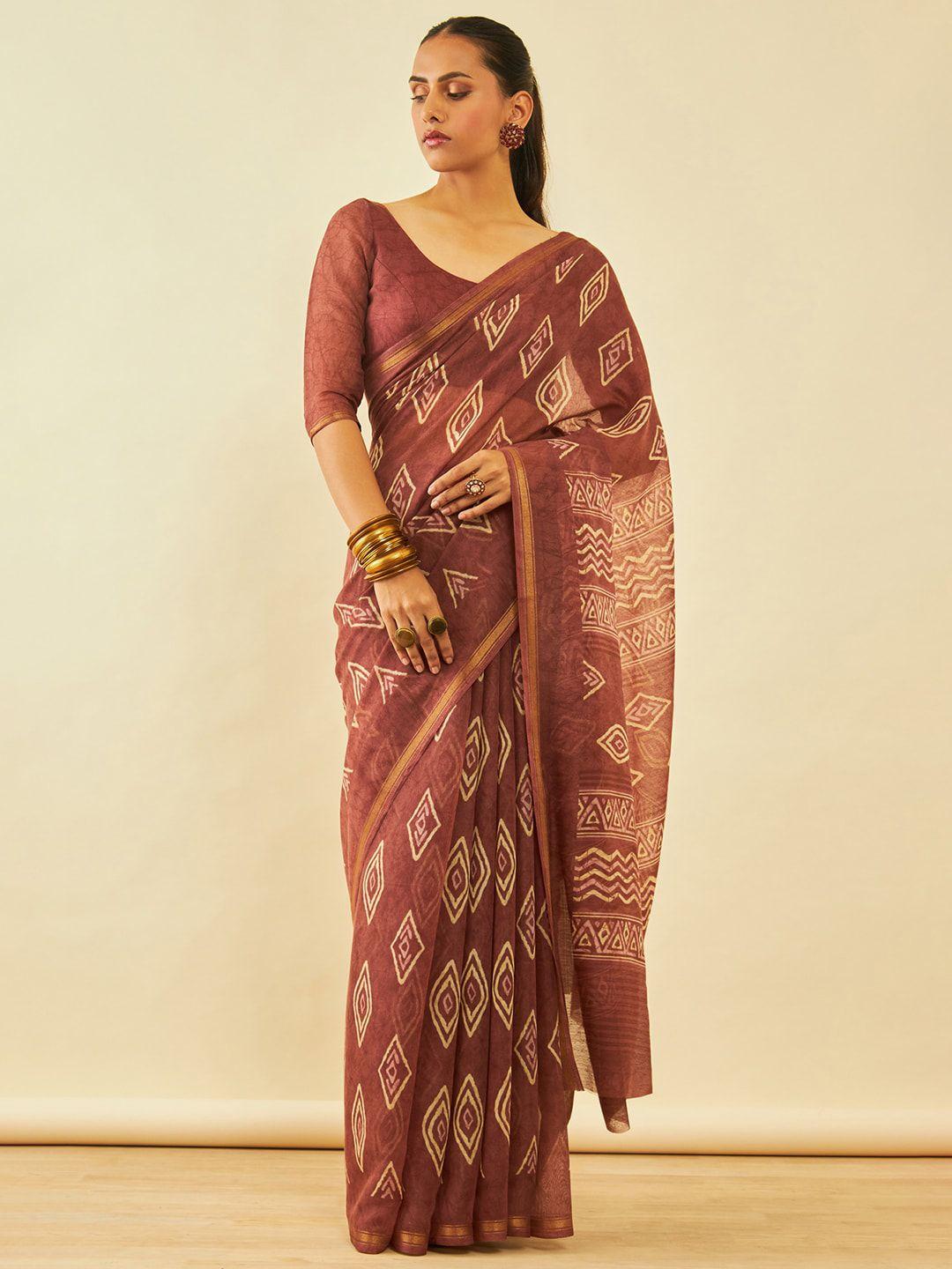 soch brown & white geometric printed zari chanderi saree