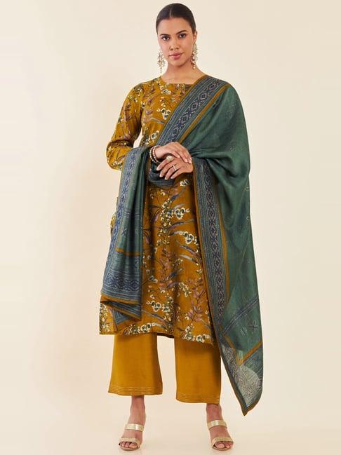 soch brown cotton printed kurta palazzo set with dupatta