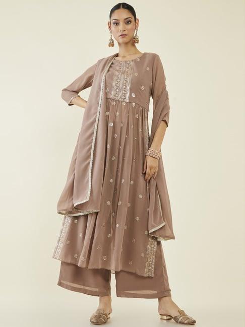 soch brown embellished kurta palazzo set with dupatta