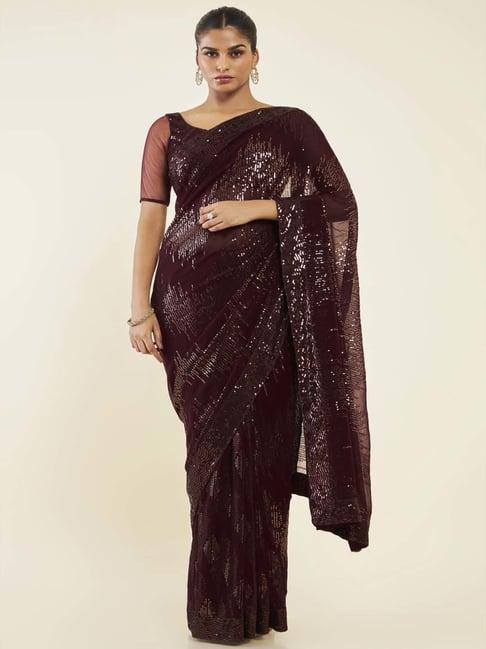 soch brown embellished saree with unstitched blouse