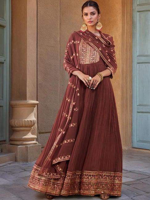 soch brown embroidered gown churidar set with dupatta