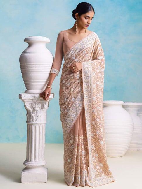 soch brown embroidered saree with unstitched blouse