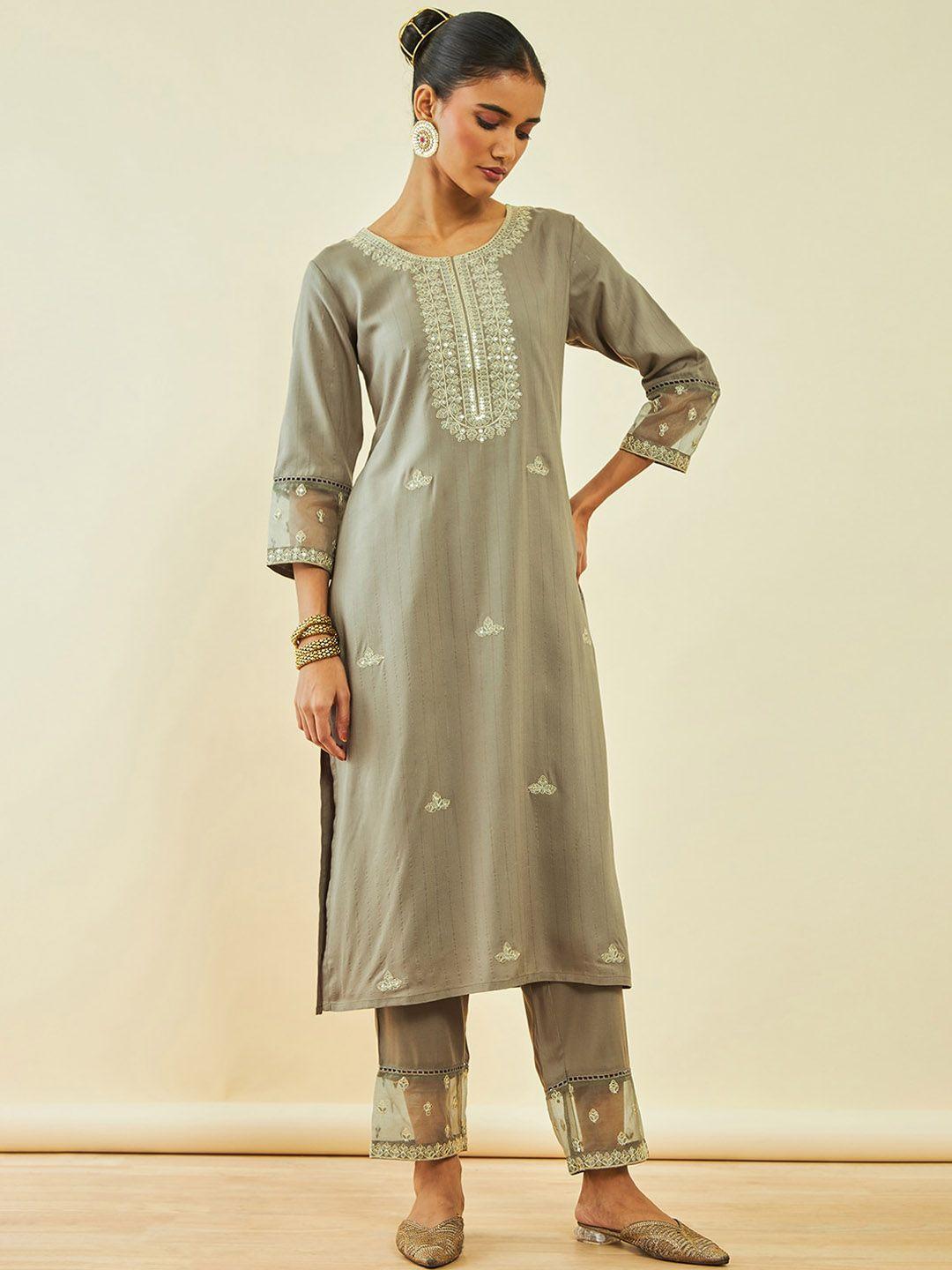 soch brown ethnic motifs embroidered regular sequinned kurta with trousers