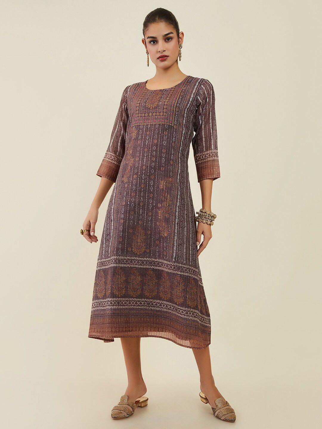 soch brown ethnic printed a-line midi dress
