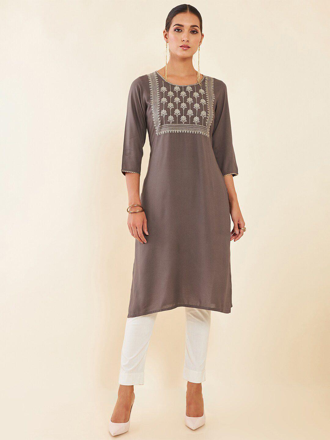 soch brown floral embroidered yoke design regular kurta