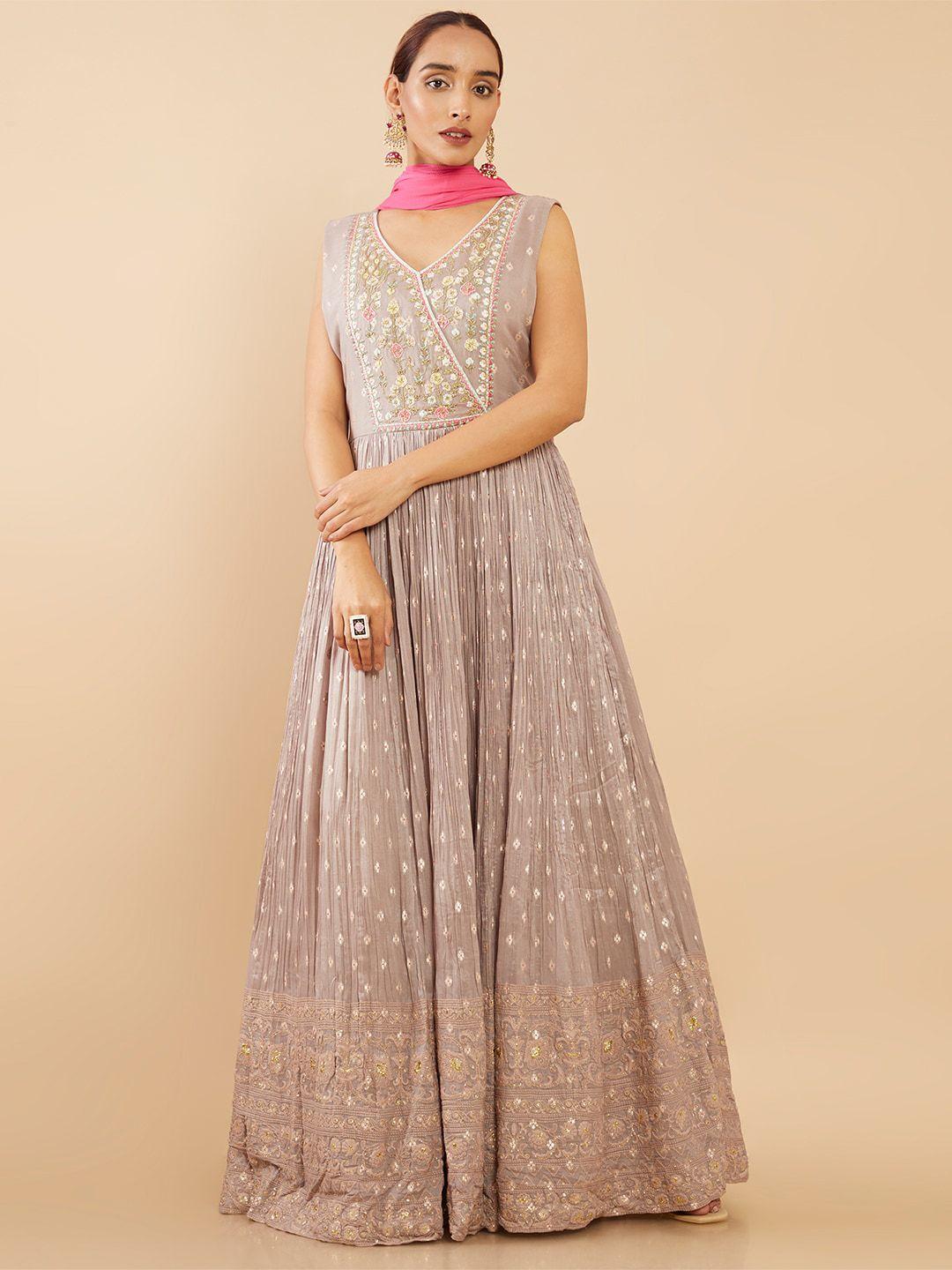soch brown floral ethnic maxi dress with pant & dupatta