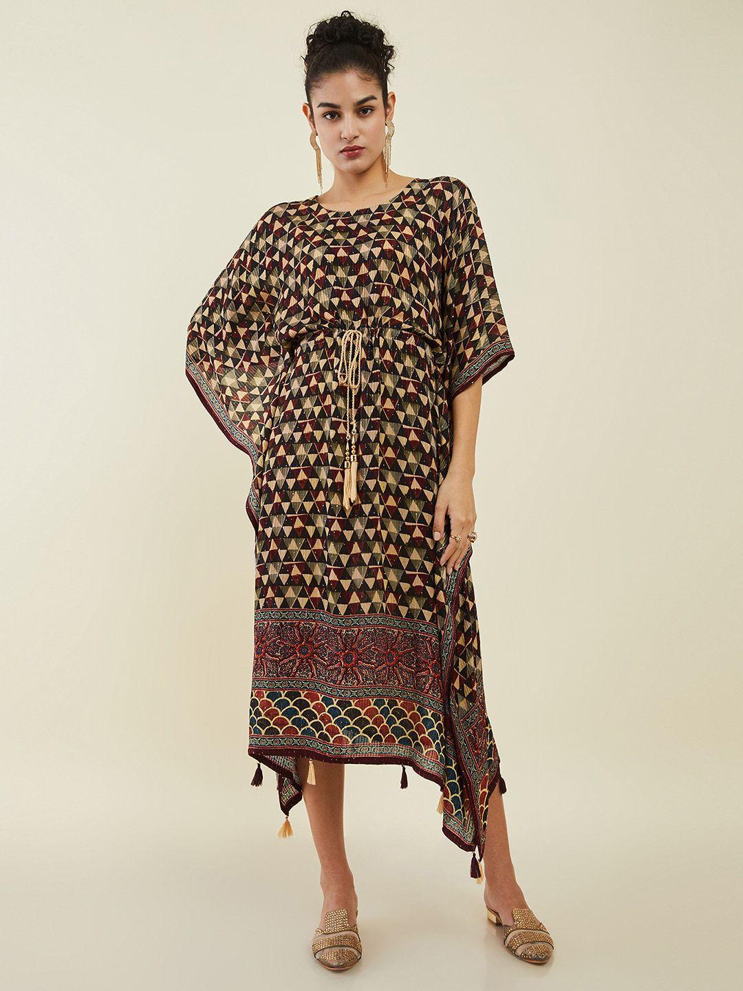 soch brown geometric print kaftan midi dress