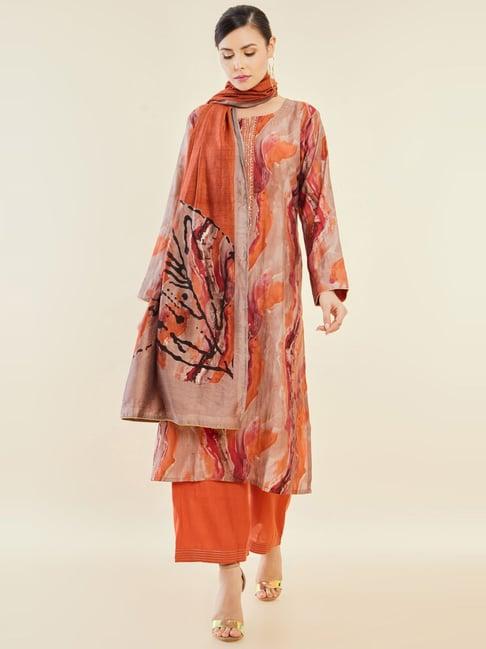 soch brown orange cotton printed kurta palazzo set with dupatta