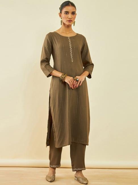 soch brown rayon mukaish work round-neck straight kurta sets with pocket