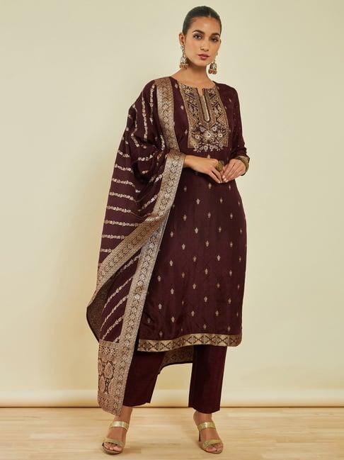 soch brown woven pattern kurta pant set with dupatta