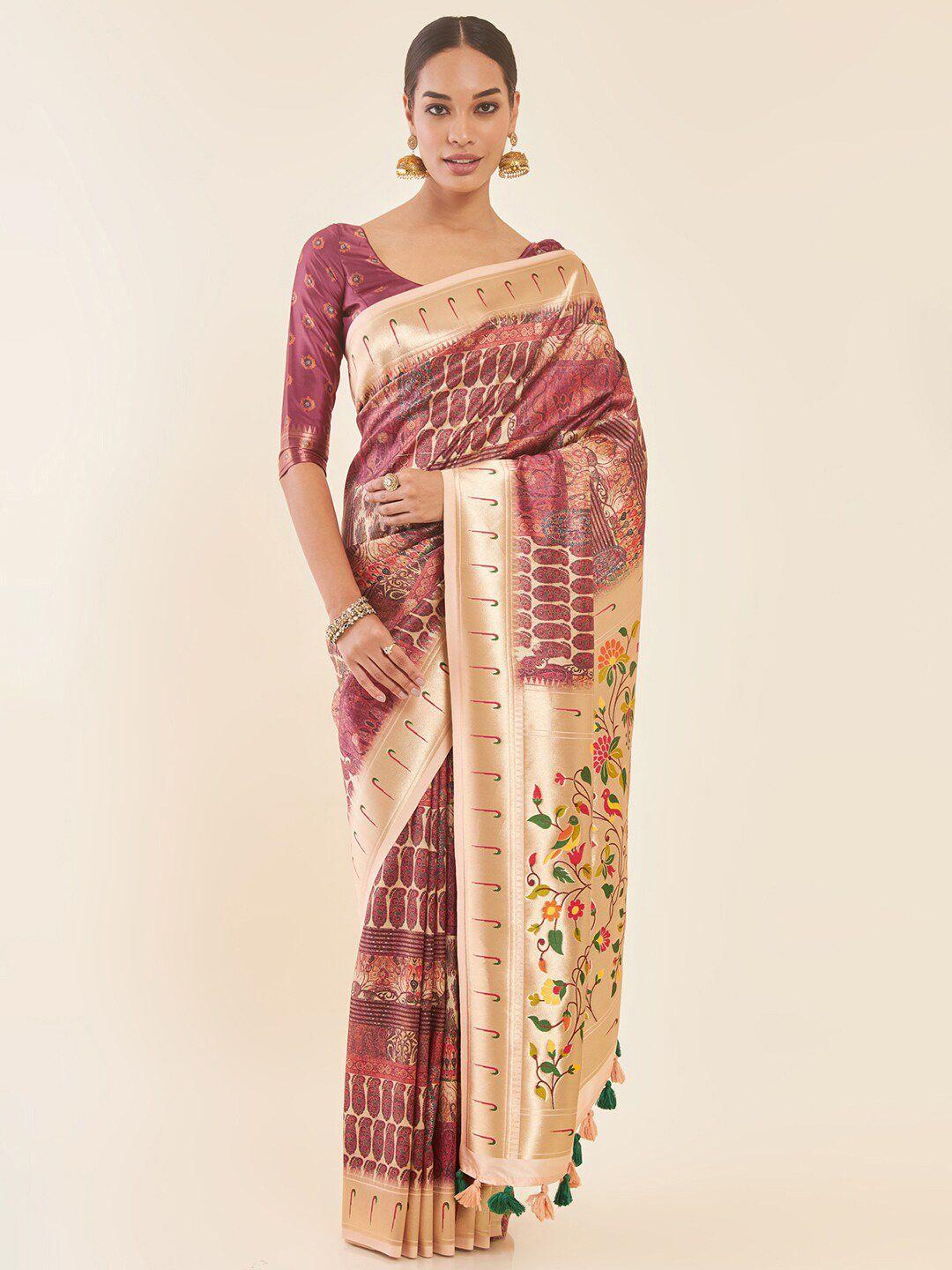 soch burgundy & beige ethnic printed zari tussar saree