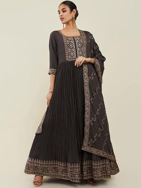soch charcoal embroidered gown churidar set with dupatta