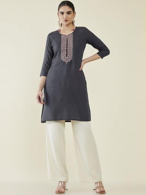 soch charcoal grey embroidered straight kurti