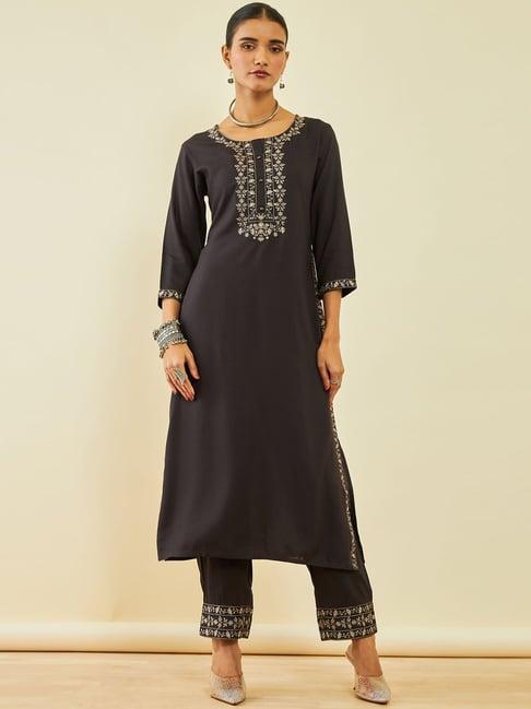 soch charcoal rayon floral embroidered round-neck straight kurta sets