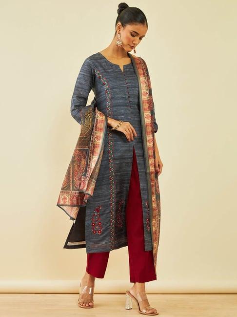 soch charcoal silk blend floral embroidered straight kurta suit set