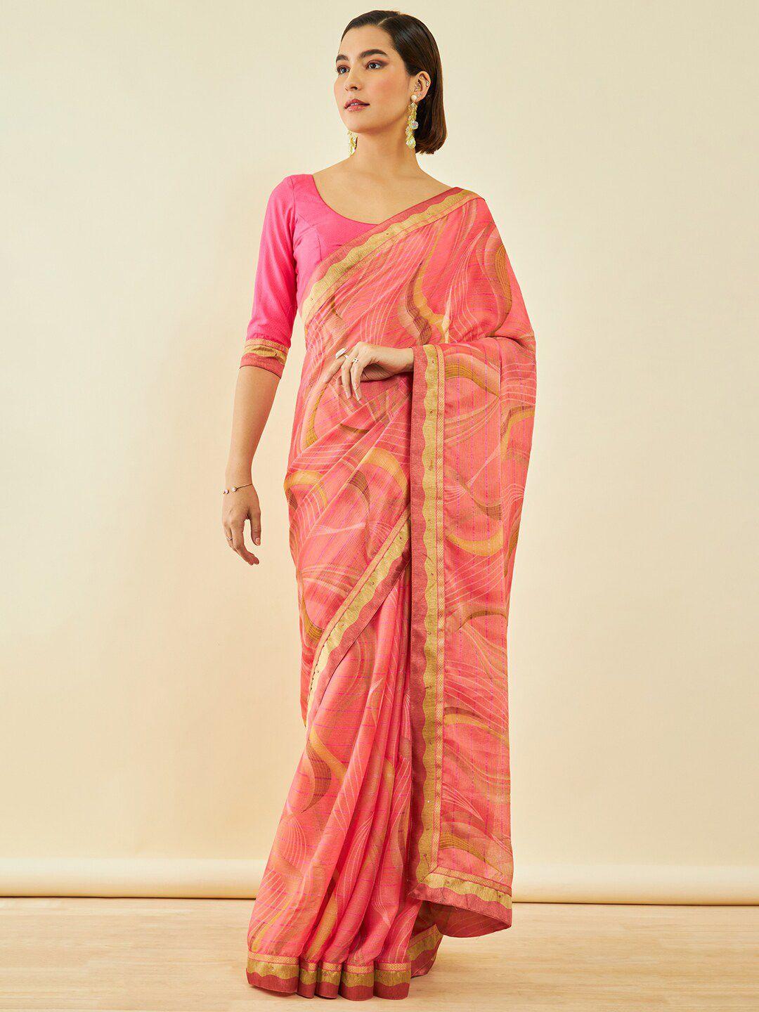 soch coral & cream-coloured beads and stones poly chiffon saree