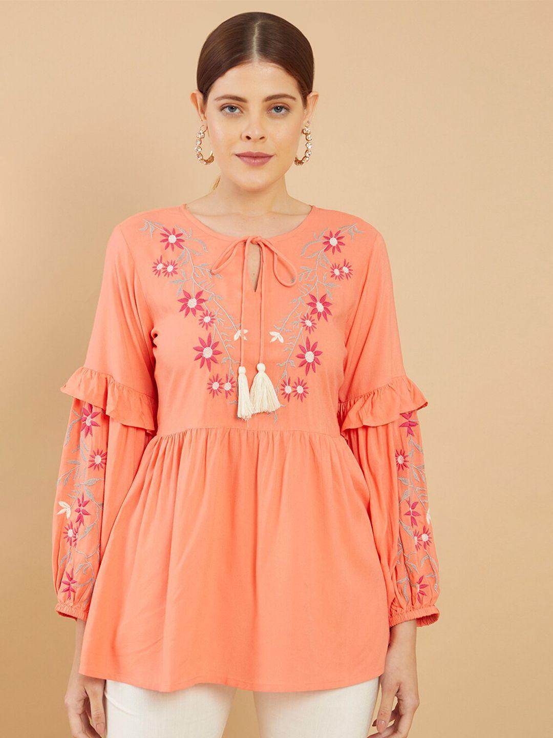 soch coral & white viscose rayon embroidered tunic