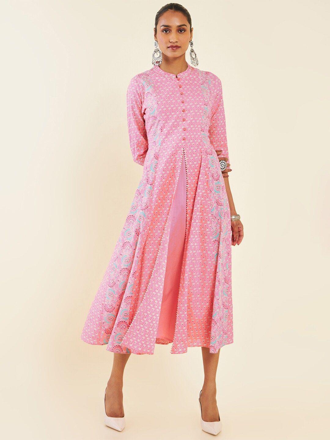 soch coral ethnic motif printed cotton fit & flare midi ethnic dress