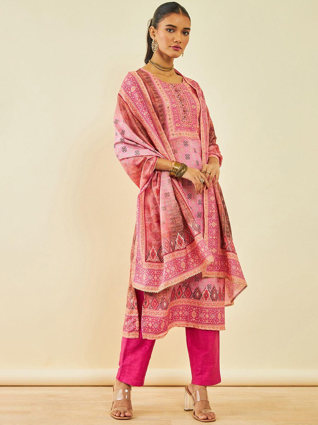 soch coral ethnic motifs printed regular sequinned kurta with trousers & dupatta