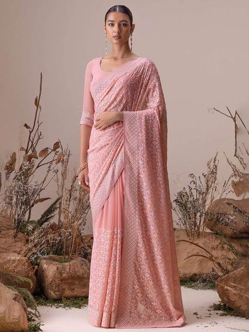 soch coral georgette all-over floral embroidered saree