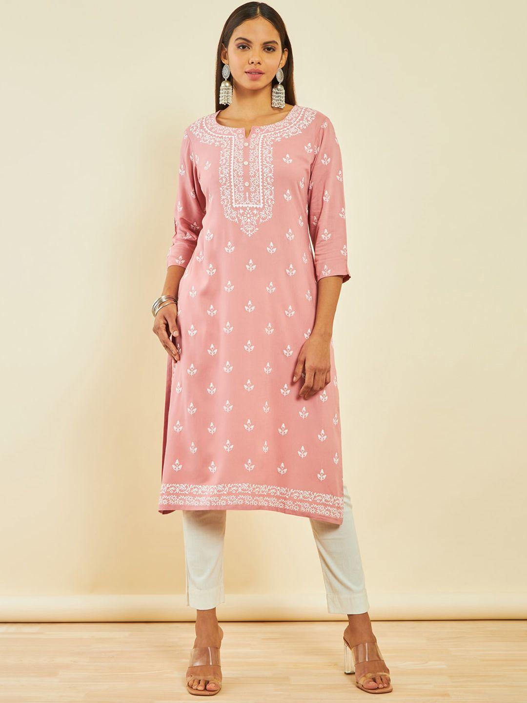 soch coral pink & white ethnic motifs printed kurta