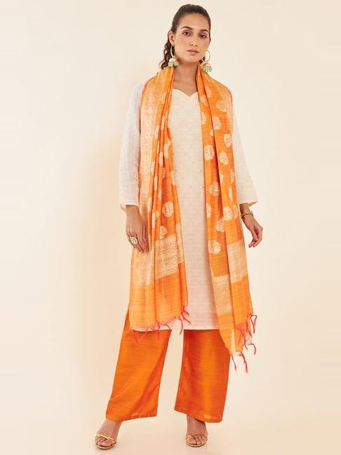 soch cream & orange woven pattern unstitched dress material