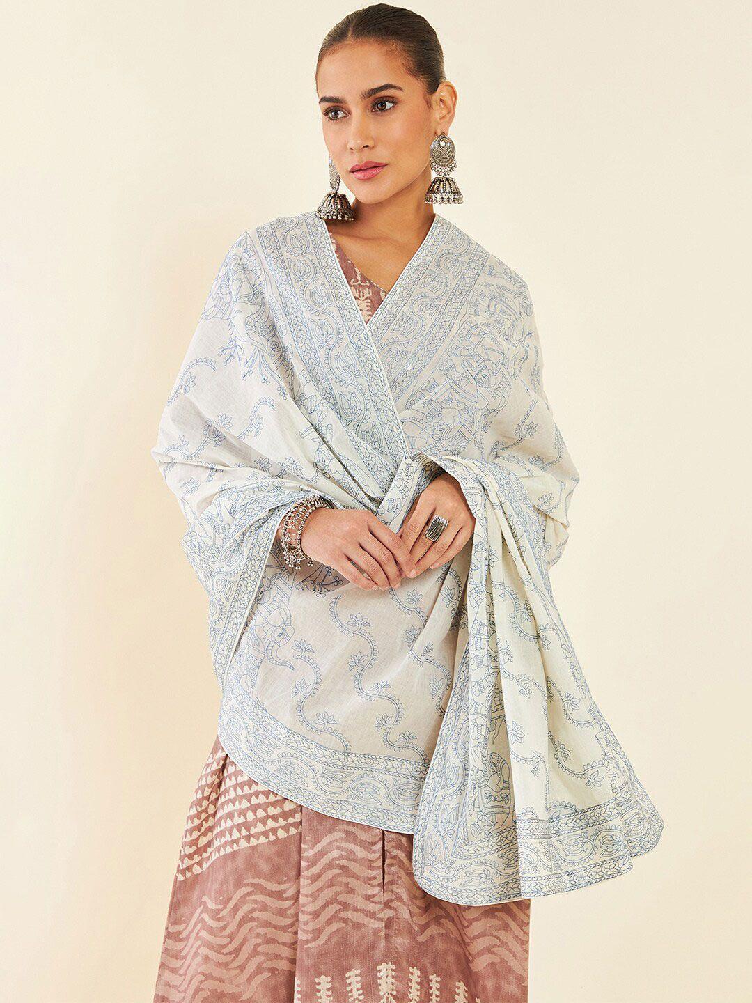 soch cream-coloured & blue embroidered dupatta