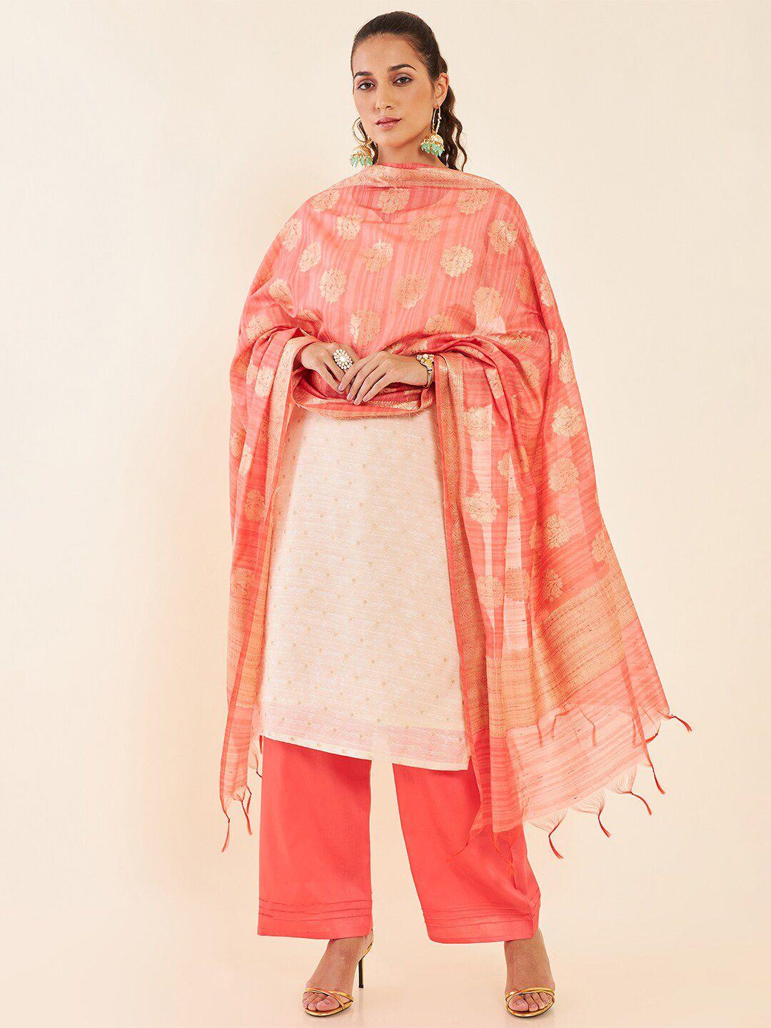 soch cream-coloured & coral woven design zari unstitched dress material