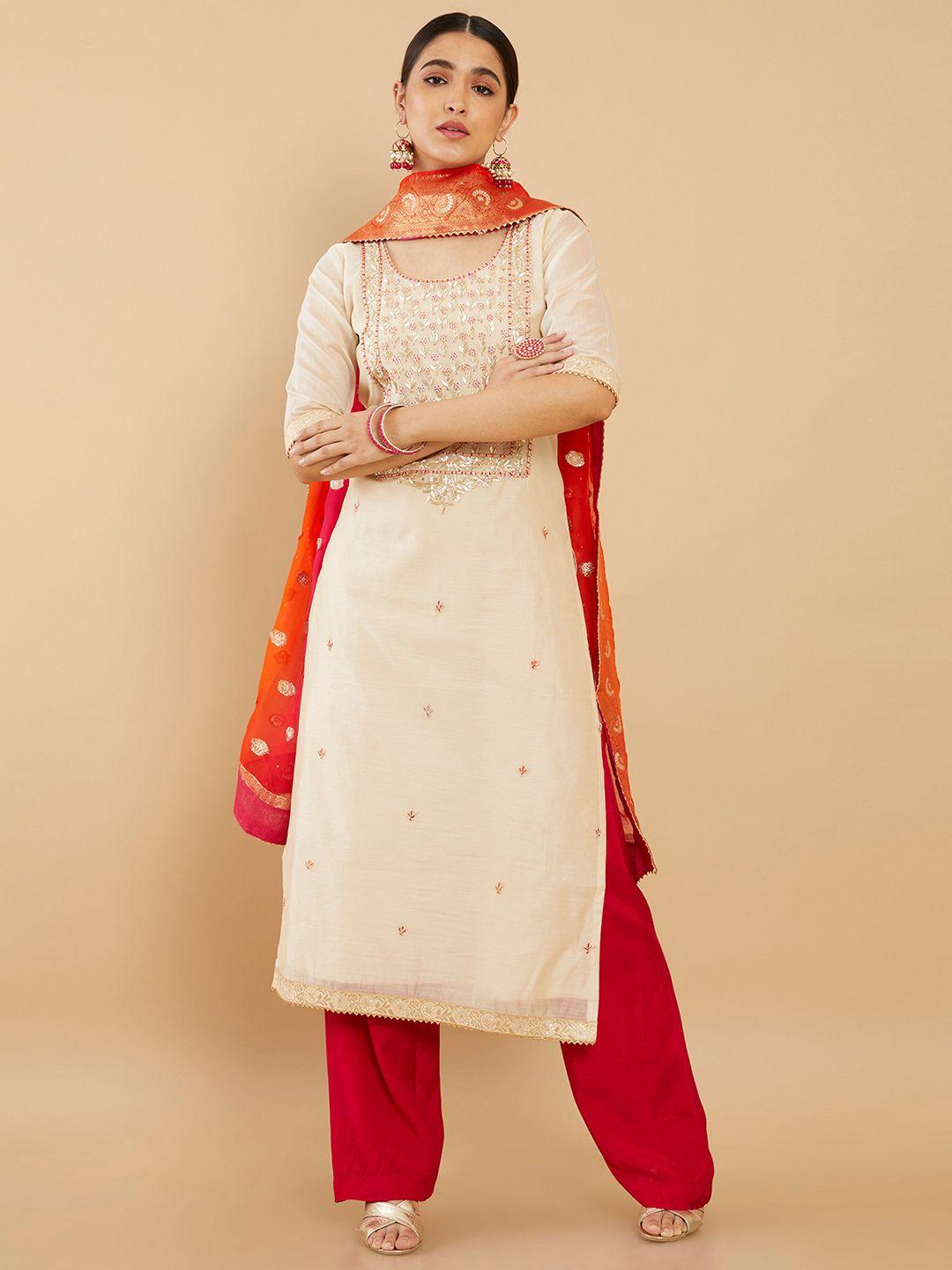 soch cream-coloured & gold-toned embroidered pure silk unstitched dress material