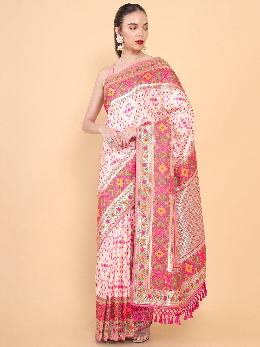 soch cream-coloured & gold-toned floral zari silk blend tussar saree