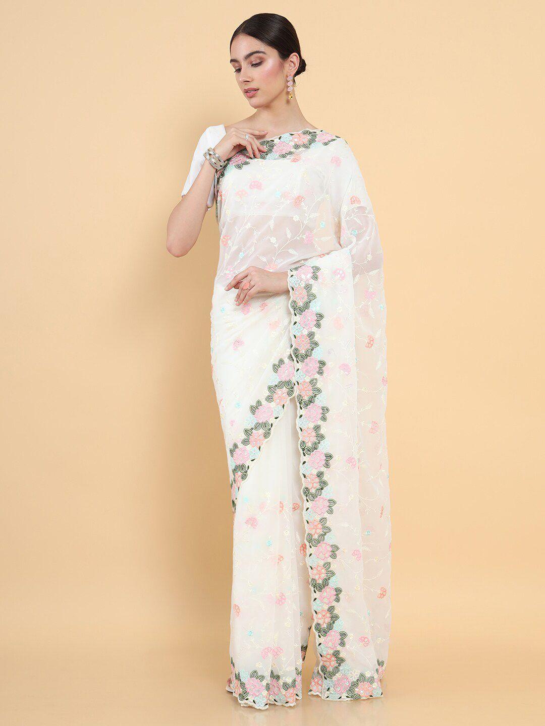 soch cream-coloured & green floral embroidered pure georgette saree