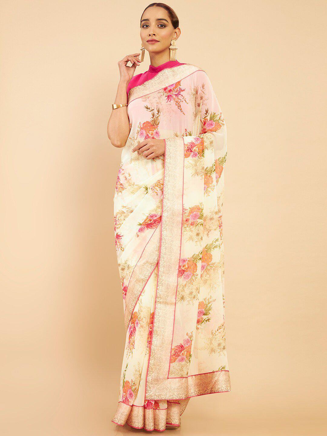 soch cream-coloured & pink floral pure georgette saree