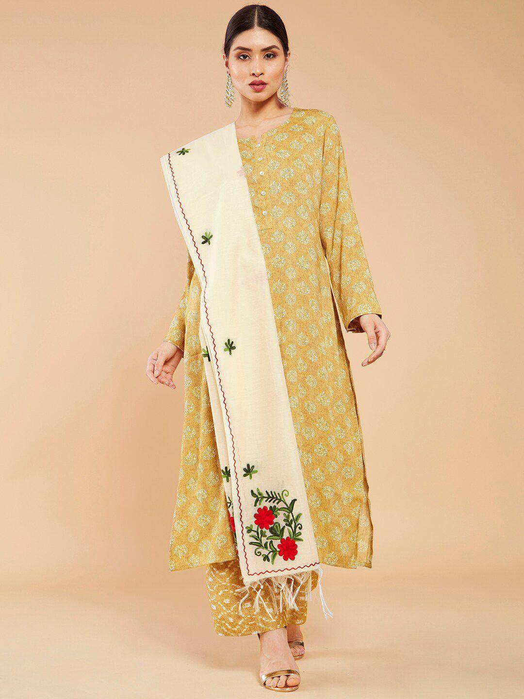 soch cream-coloured & red embroidered pure cotton dupatta with thread work