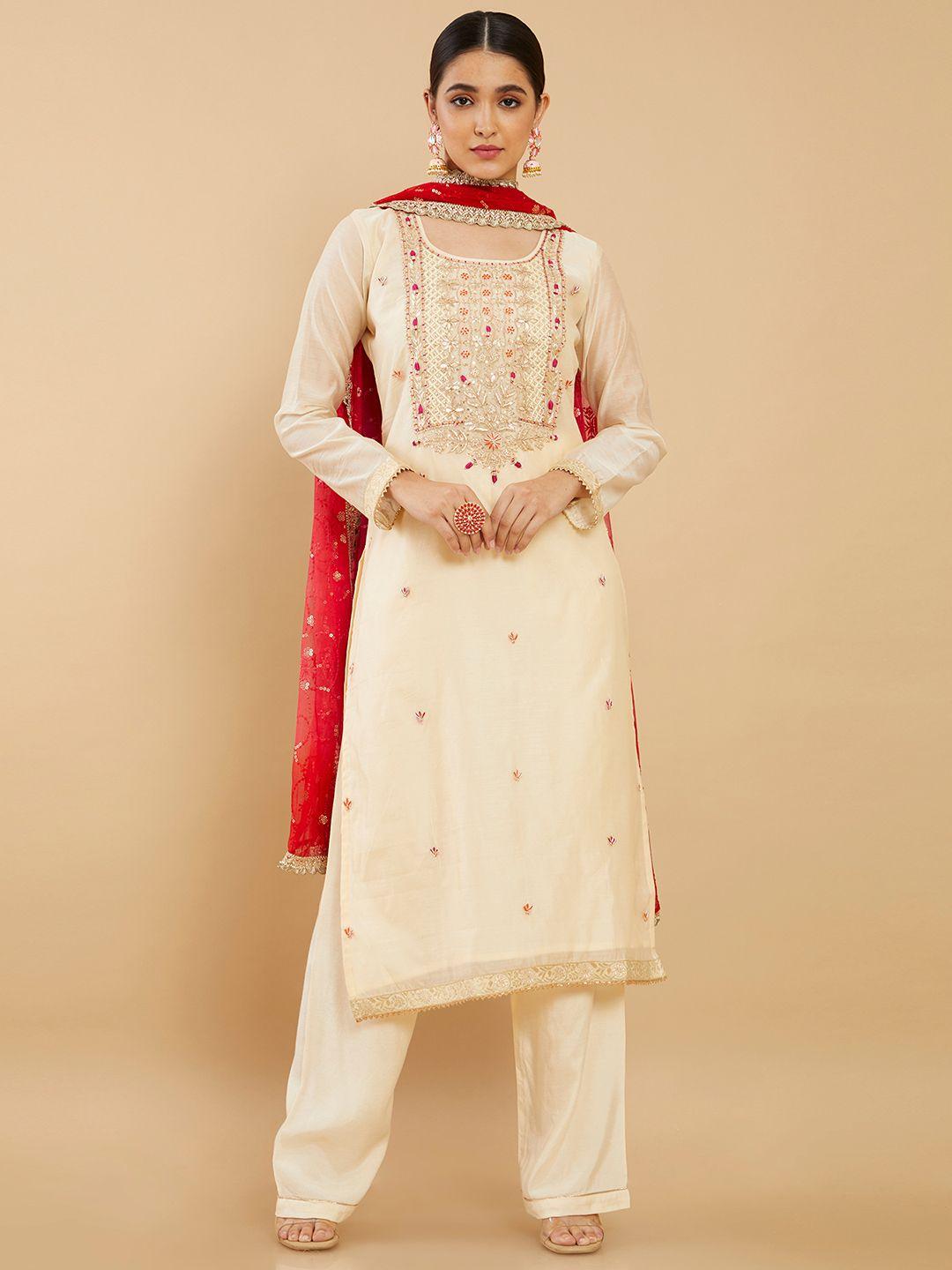 soch cream-coloured & red embroidered pure silk unstitched dress material