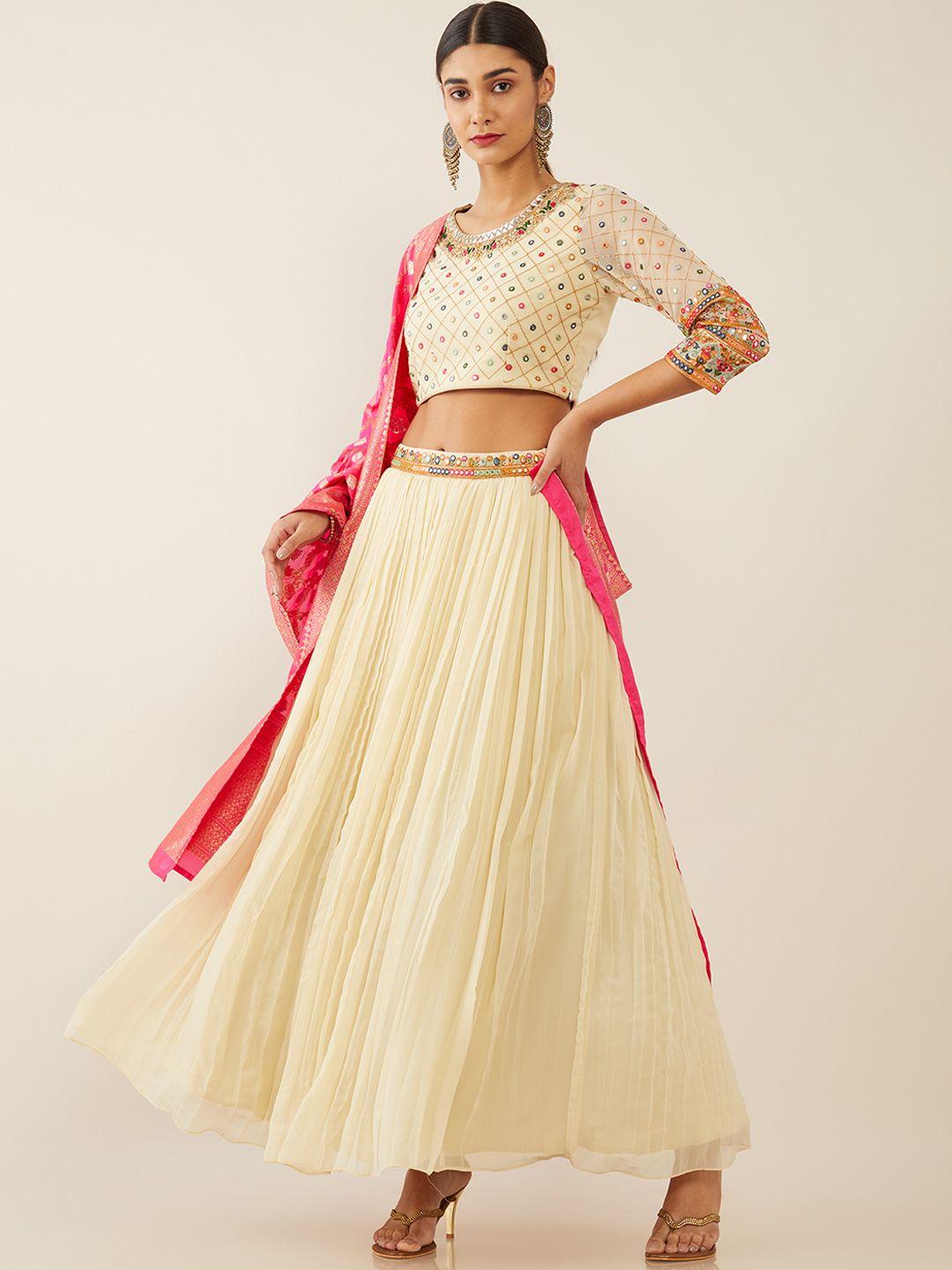 soch cream-coloured embellished mirror work ready to wear lehenga & blouse with dupatta