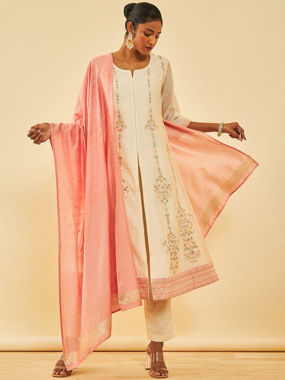 soch cream ethnic motifs embroidered thread work a-line kurta with trousers & dupatta