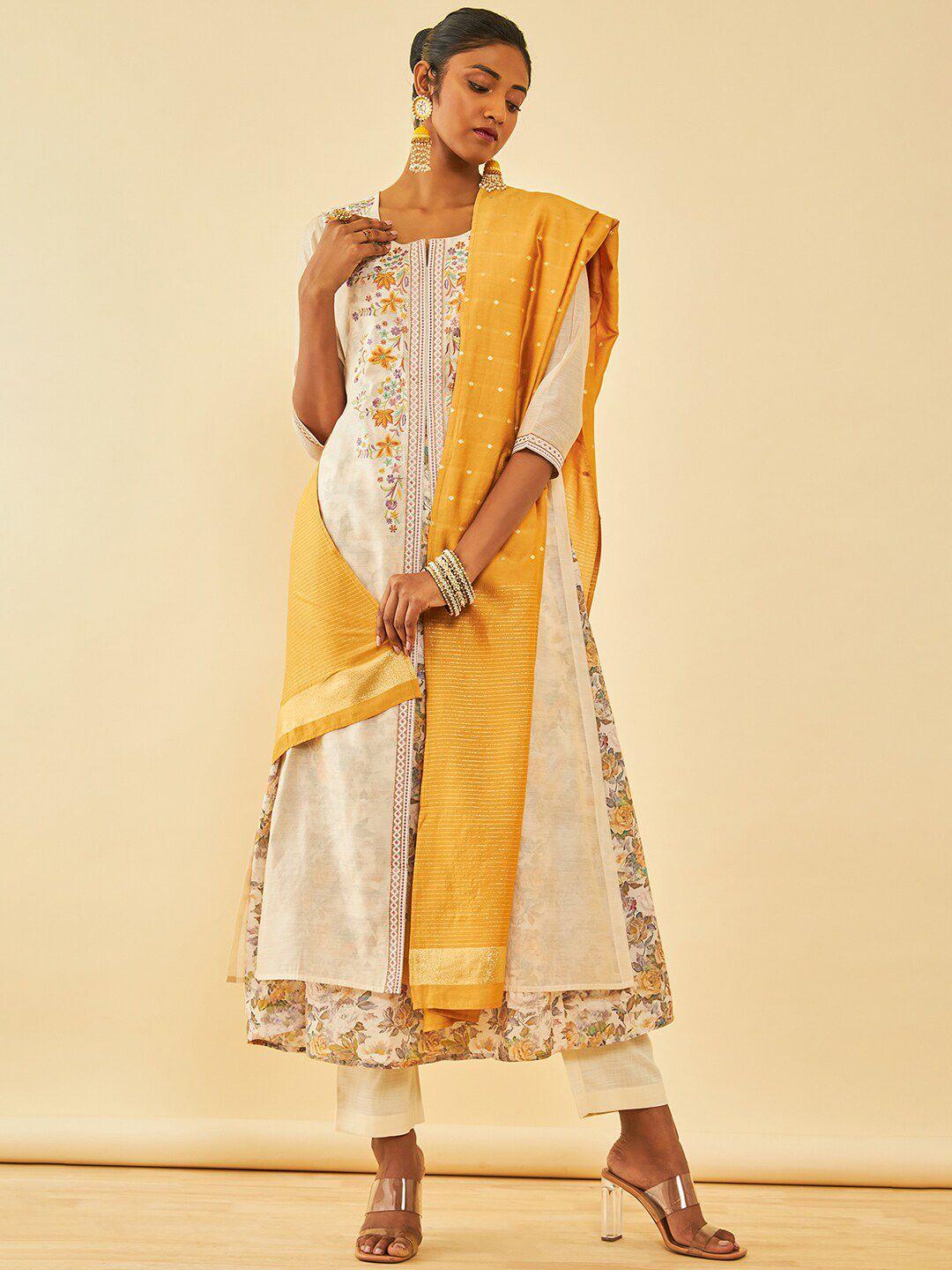 soch cream floral embroidered thread work layered a-line kurta with trousers & dupatta