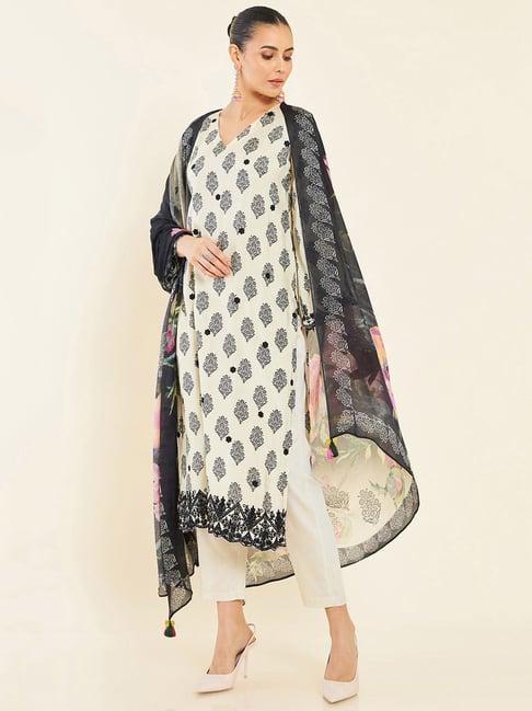 soch cream muslin floral printed and embroidered unstitiched dress material with 3 mtr kurta fabric
