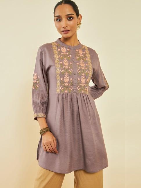 soch earth rayon floral embroidered tunic with puff sleeves