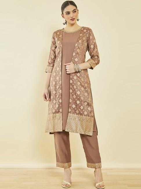 soch earth viscose blend straight kurta sets with zari woven jacket